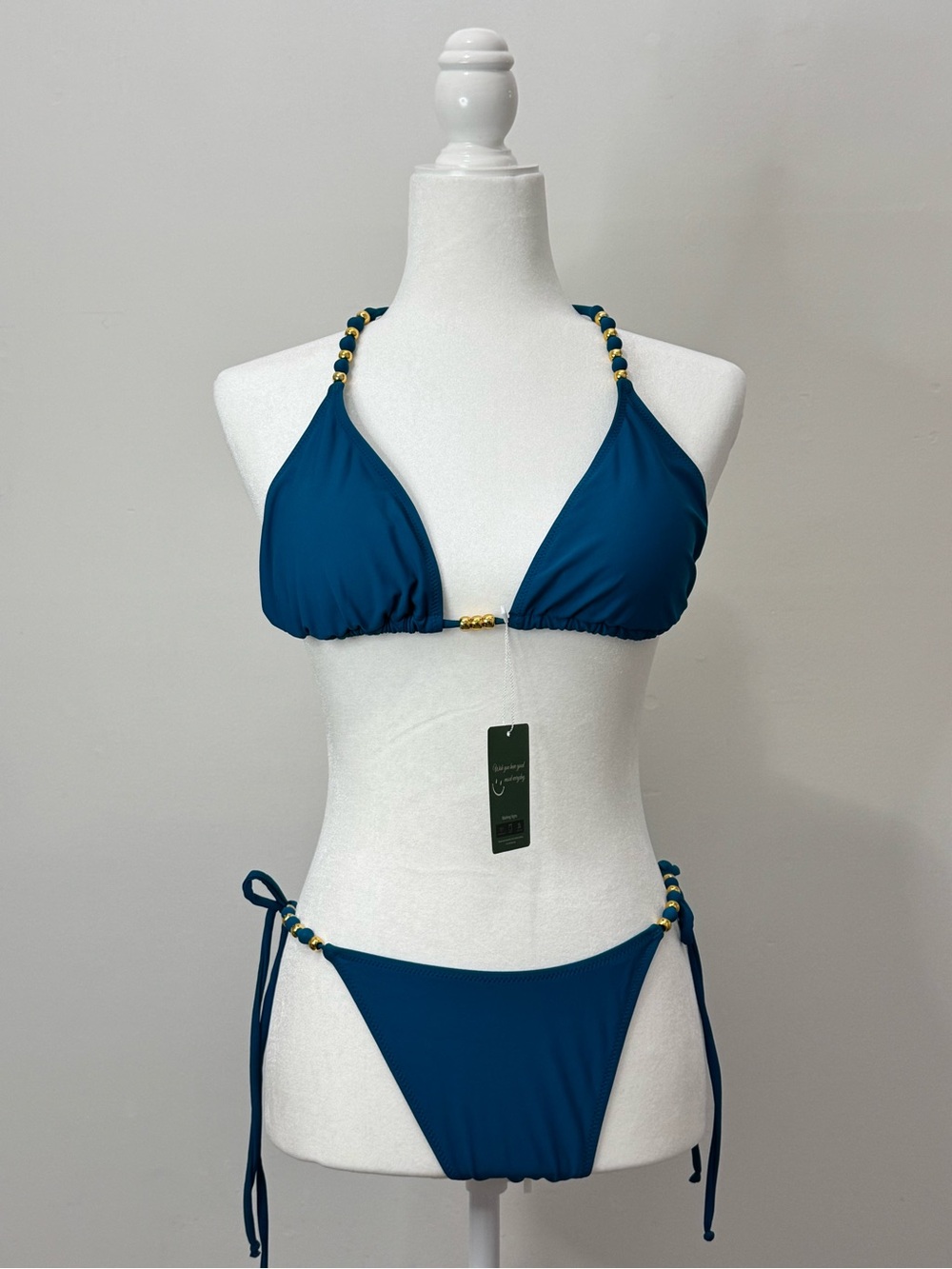 NWT Bikini Set Blue Triangle Halter Top Gold Size Medium-Large Swimall
